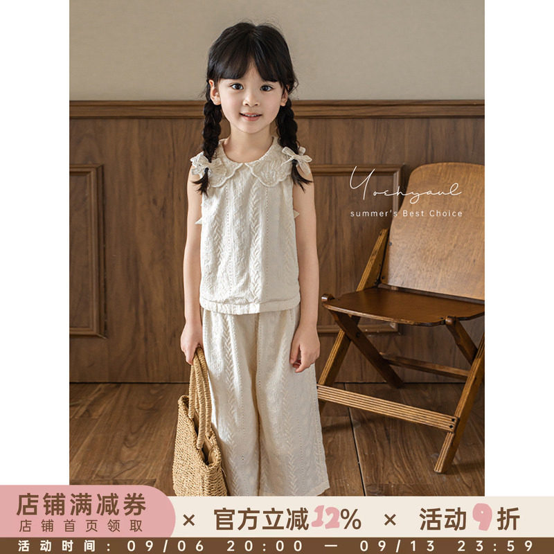 幼悠女童绣花套装2025夏季元气可爱蝴蝶结无袖上衣宽松直筒阔腿裤