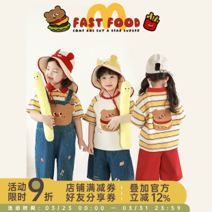 多件套潮 条纹插肩T恤小熊贴布口袋背带裤 幼悠 女童熊堡堡系列夏季