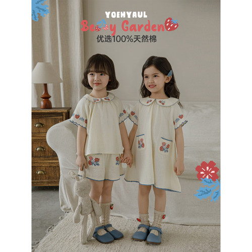 幼悠女童森系套装夏季新款纯棉草莓娃娃衫清凉短裤时尚百搭连衣裙