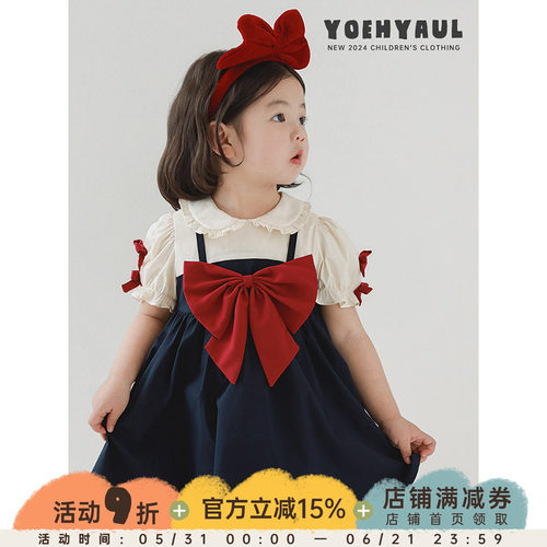 幼悠女童荷叶花边娃娃翻领校园风连衣裙春夏季甜蜜可爱蝴蝶结裙子