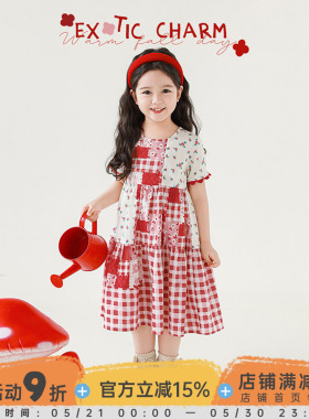 幼悠 女童碎花格纹印花A字连衣裙2025夏季红色织带拼接袖口裙子潮