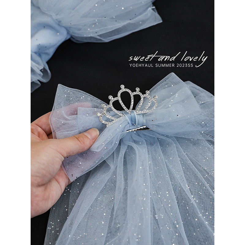 幼悠女童头纱公主皇冠生日头饰夏季女宝宝蓝色亮片网纱鸭嘴夹发卡