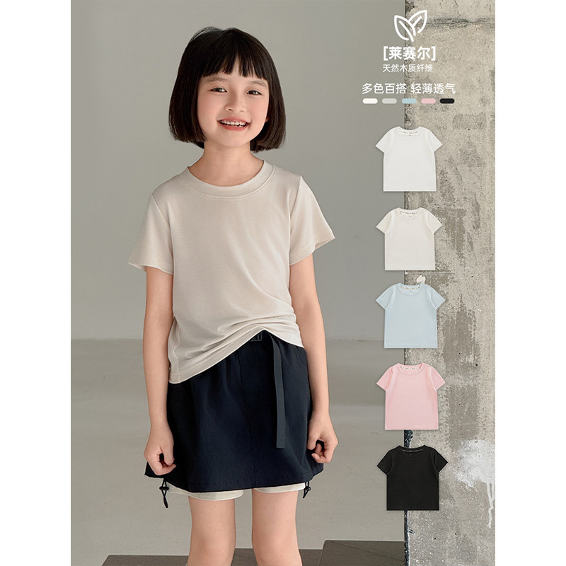 幼悠 女大童简约好搭配天丝针织面料时尚罗纹圆领凉感天丝针织T恤图片