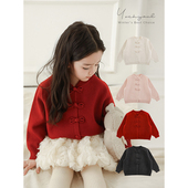 气可爱罗纹织边防风保暖上衣 元 幼悠女童新中式 老钱风毛衣外套冬季