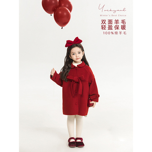 幼悠女童蝴蝶结呢大衣中长款冬季甜蜜可爱防风保暖娃娃翻领外套潮