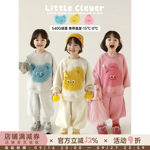 幼悠女童2026冬季新款加绒加厚卡通卫衣休闲保暖束脚长裤可爱套装