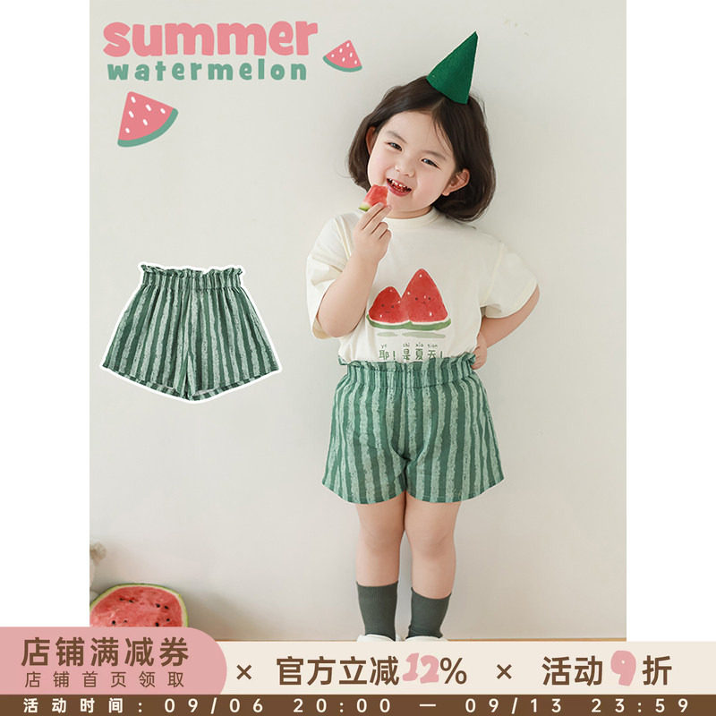 幼悠女童浪漫花边西瓜条纹短裤2025夏季洋气可爱柔软亲肤休闲裤子图片