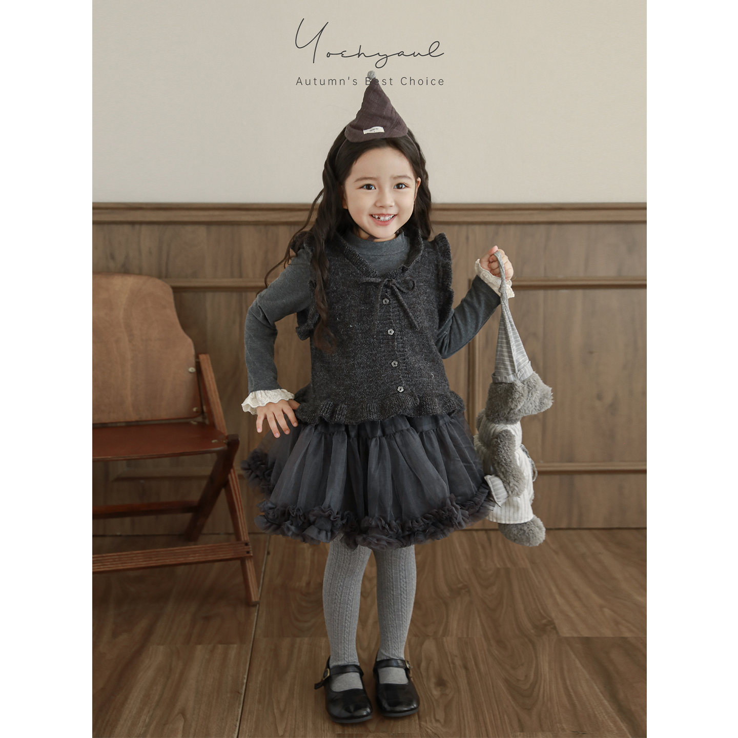 幼悠女童2025秋季森系毛绒马甲花边打底衫蓬蓬软纱tutu裙三件套潮