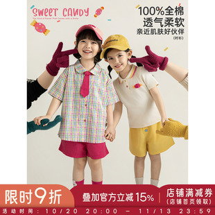 幼悠 女童套装夏季糖果色系POLO领T恤撞色彩格衬衫宽松休闲短裤