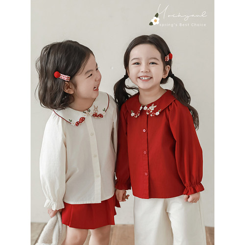 幼悠女童立体刺绣割边翻领衬衫2026春秋木耳花开抽褶袖口休闲上衣