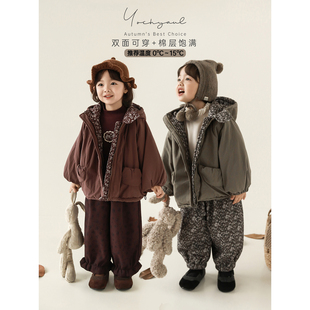幼悠女童2025冬季新款两面穿连帽碎花棉服蓬松保暖儿童夹棉外套潮