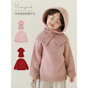 幼悠女童2025冬季新款复古纯色保暖毛衣连帽披肩儿童针织衫过年服