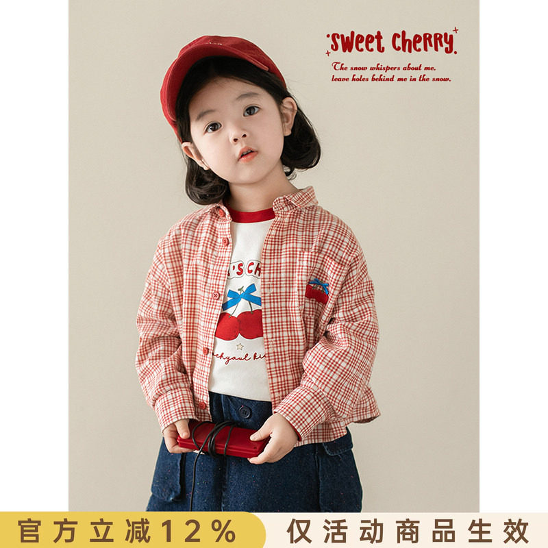 幼悠女童卡通绣标格子衬衫2026春秋儿童洋气可爱亲肤透气宽松外套图片