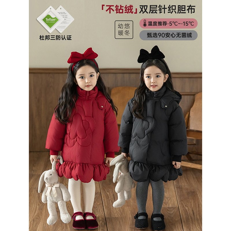 幼悠女童杜邦三防花朵羽绒服冬季罗纹袖口蓬松绵软保暖连帽外套潮图片