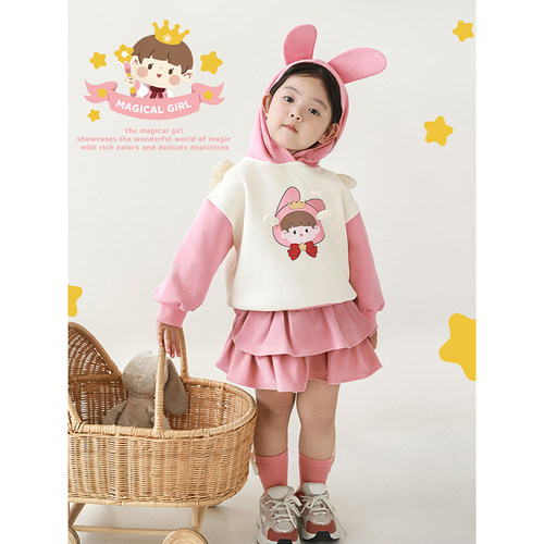 幼悠女童俏皮兔耳连帽卫衣春秋洋气可爱安安印花立体翅膀休闲上衣