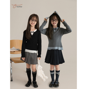 幼悠女大童精致俏皮蝴蝶结长袖上衣简约时尚英伦学院风假两件毛衣