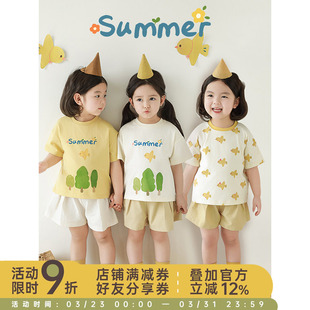 童趣可爱罗纹领圈微落肩宽松T恤潮 2025夏季 幼悠 女童小树小鸟短袖