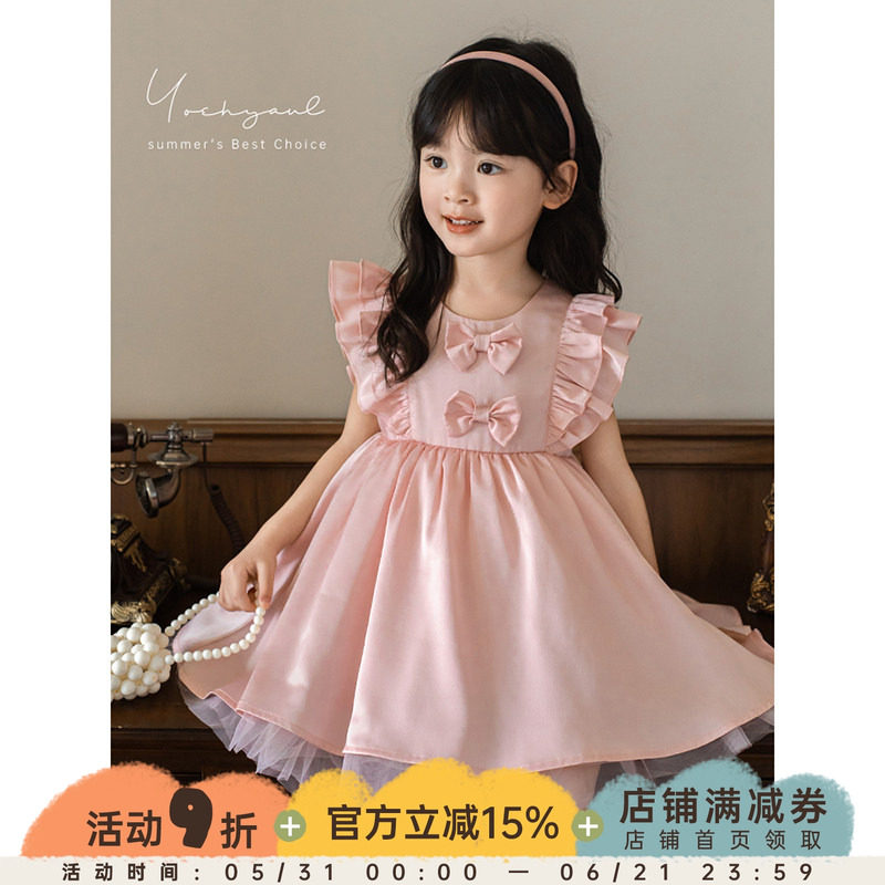 幼悠女童唯美花边双层飞袖公主裙2025夏季甜蜜可爱蝴蝶结连衣裙潮