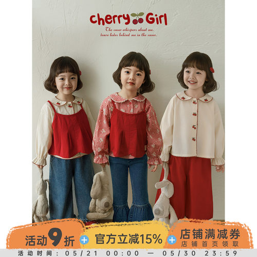 幼悠女童2026春季新款长袖娃娃领樱桃衬衫宽松牛仔裤吊带背心套装