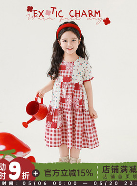 幼悠 女童碎花格纹印花A字连衣裙2025夏季红色织带拼接袖口裙子潮