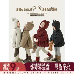 幼悠女童加厚加绒三明治架构棉服秋冬轻软蓬松防风保暖连帽外套潮