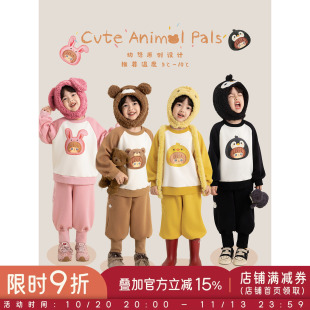 幼悠女童套装冬季新款加绒加厚保暖萌趣动物卫衣百搭小女孩束脚裤
