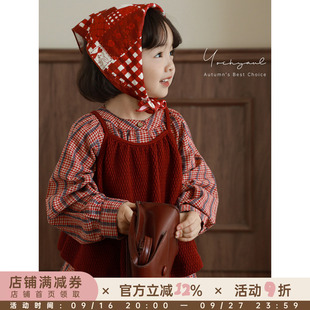 幼悠女童春秋洋气可爱韩系小甜妹显白复古红格纹衬衫吊带两件套潮
