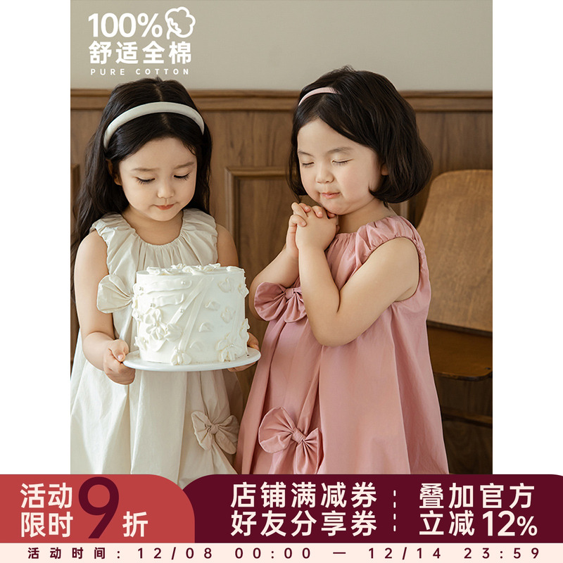 幼悠女童俏丽可爱蝴蝶结花苞裙夏季清凉灵动自由无袖纯色连衣裙潮