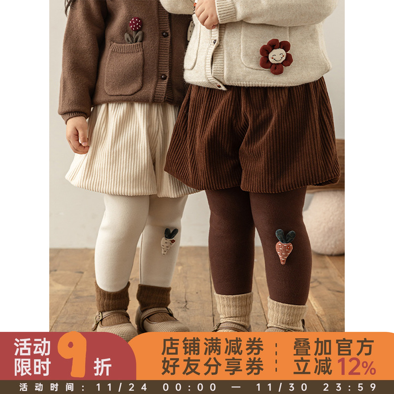 幼悠女童加绒加厚假两件打底南瓜裤冬季手缝立体胡萝卜休闲裤子潮