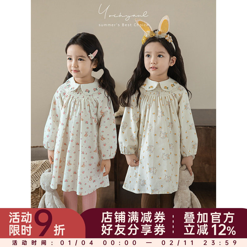 幼悠 女童撞色娃娃翻领碎花裙春秋甜蜜可爱萌宠花匠印花A字连身裙