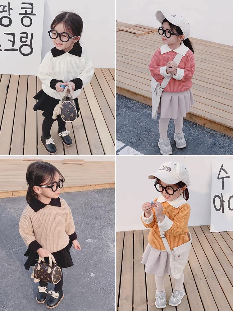 Youyou girls winter new college wind lapel pure sweater baby children fashion casual thickened sweater