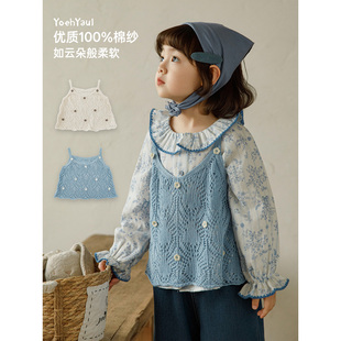幼悠女童2026春季新款镂空宽松毛衣吊带复古碎花娃娃衫慵懒套装潮