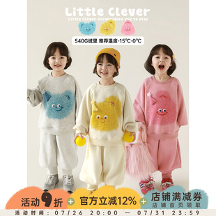 幼悠女童2025冬季新款加绒加厚卡通卫衣休闲保暖束脚长裤可爱套装