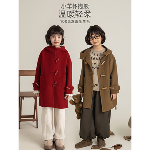 幼悠女大童抗风保暖厚实挺括宽松复古牛角扣学院风中长款连帽大衣