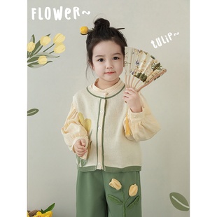 芝麻點(diǎn)提花毛衣馬甲蕾絲花邊郁金香七分褲 幼悠女童春秋套裝 多件套