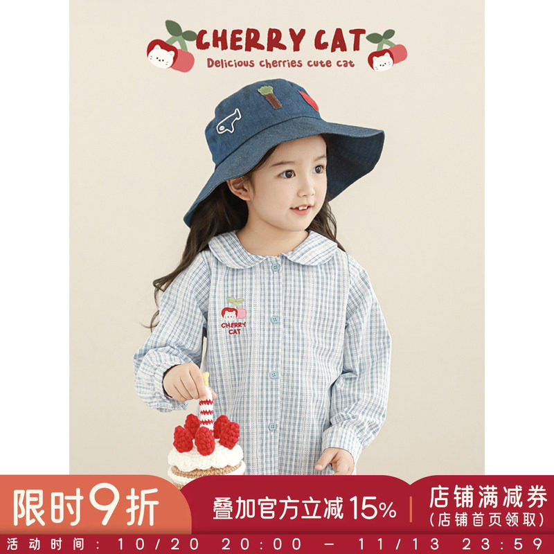 幼悠女童樱桃猫咪绣花衬衫2026春季元气可爱色织提花清新格纹上衣