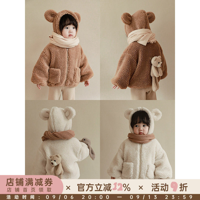 幼悠女童冬装新款中小童加厚外套儿童洋气保暖连帽毛绒上衣秋冬装