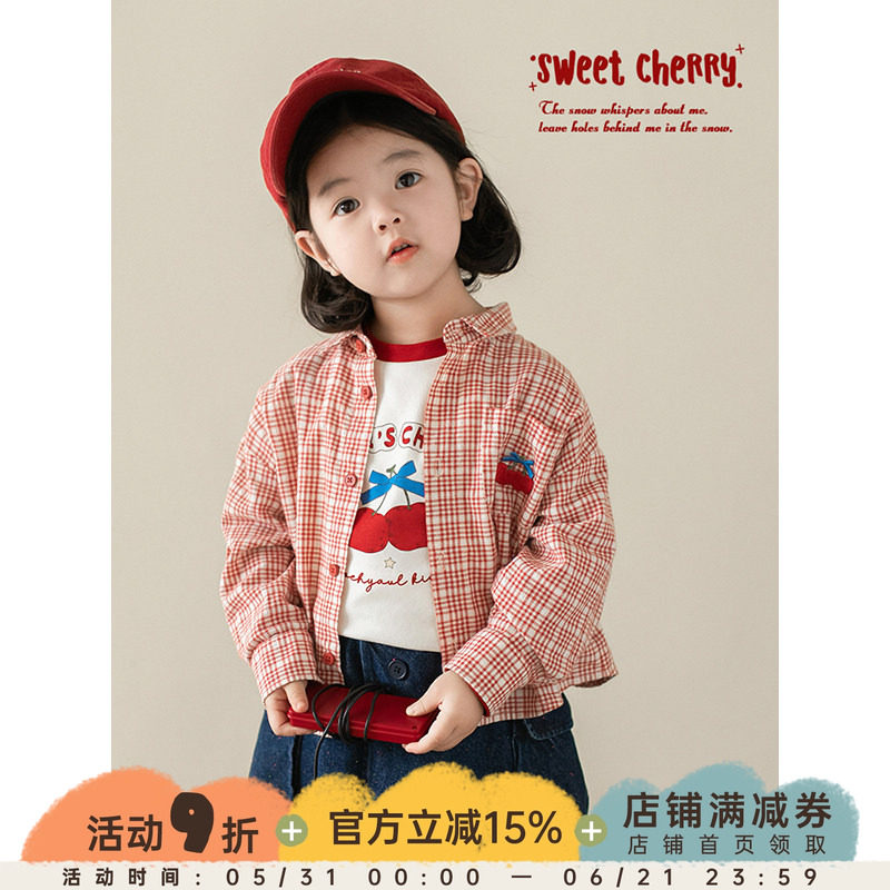 幼悠女童卡通绣标格子衬衫2026春秋儿童洋气可爱亲肤透气宽松外套