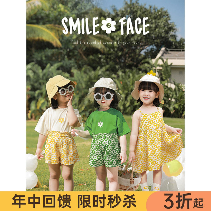 幼悠女童薄款夏季短袖简约宽松宝宝可爱印花连衣裙短裤休闲套装潮