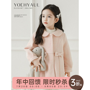 毛呢大衣冬季 幼悠女童加絨加厚蝴蝶結(jié)連衣裙式 娃娃翻領(lǐng)保暖外套潮