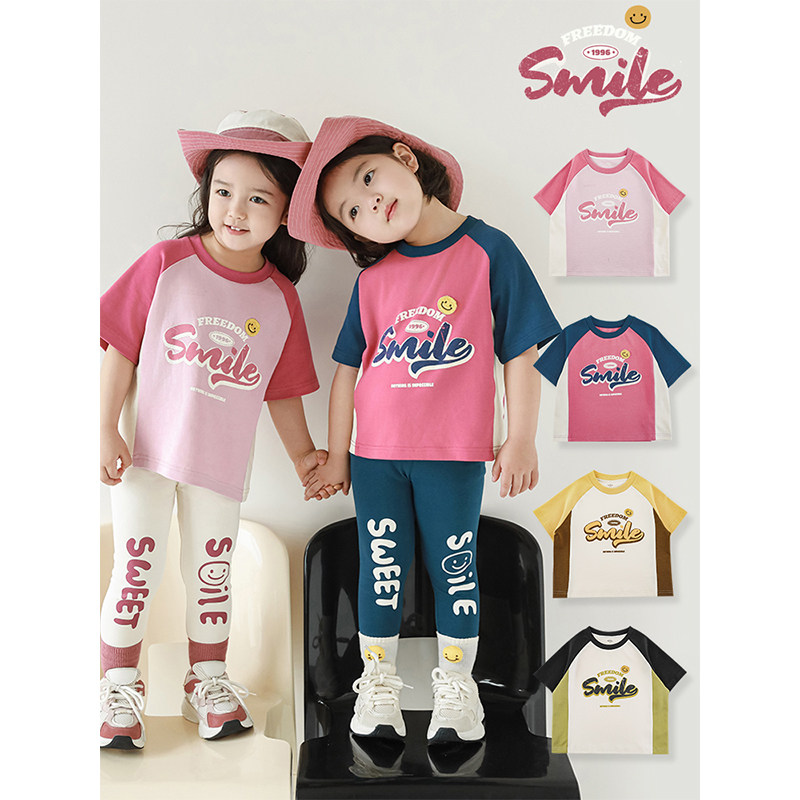 幼悠 女童笑脸绣标美式T恤2025夏季元气可爱三色拼接插肩袖上衣潮,童装/婴儿装/亲子装,T恤,淘宝优惠券,粉丝福利购,淘宝优惠卷