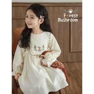 幼悠女童小清新森系连衣裙2025秋季清爽透气万针刺绣割边翻领裙子