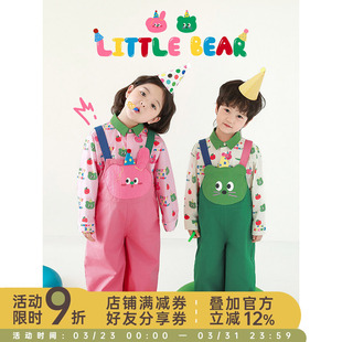 宽松直筒撞色背带裤 立体玩偶靓色满印衬衫 春季 幼悠女童花脸熊套装