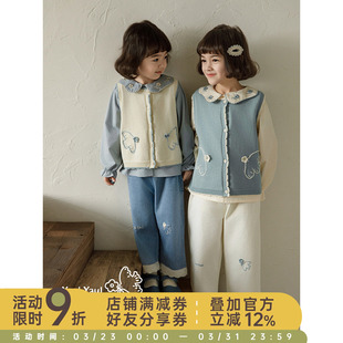 幼悠女童春秋新款长袖娃娃领衬衫叠穿毛衣马甲宽松直筒裤休闲套装