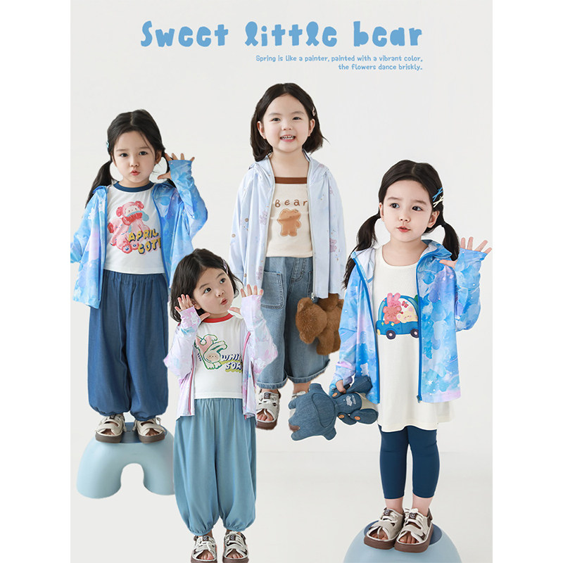 幼悠女童小熊印花防晒服2025夏季洋气可爱加高领口周全防晒外套潮