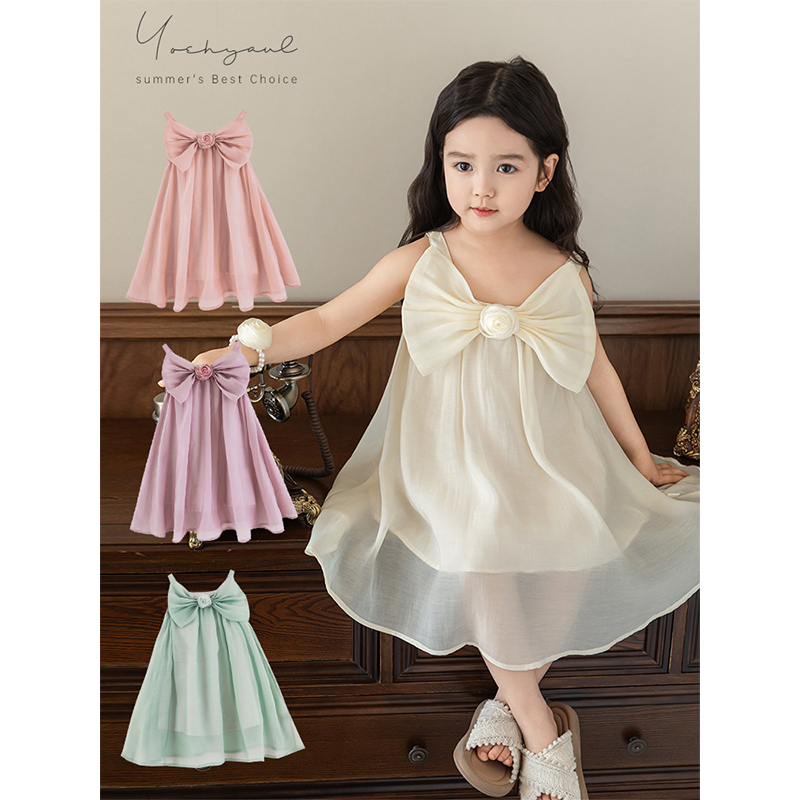 幼悠 女童蓬松飘逸A字裙夏季活泼烂漫娇美可人纯色蝴蝶结连衣裙潮