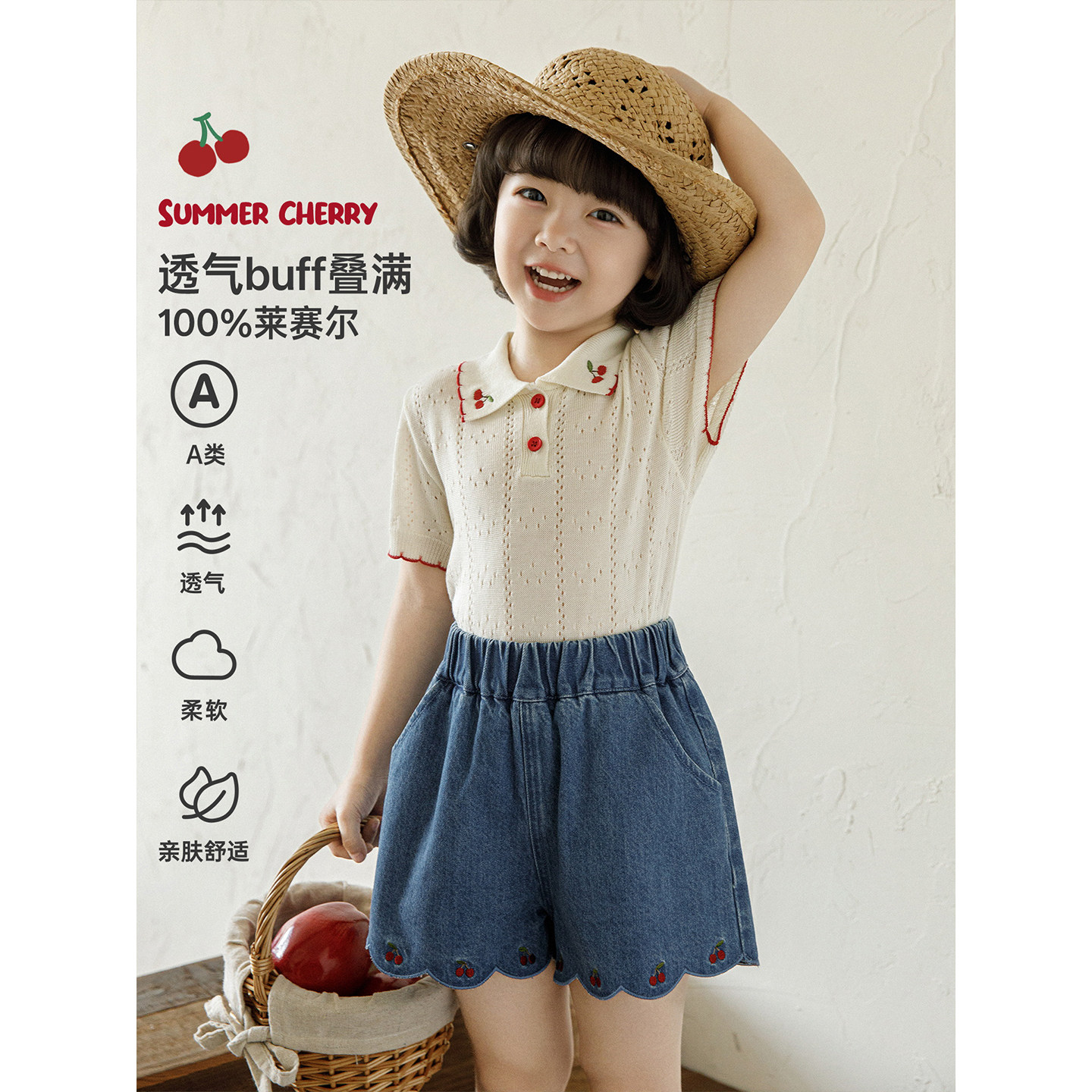 幼悠女童毛衣夏季新款凉感冰丝衫樱桃绣花翻领清爽透气针织短袖潮图片
