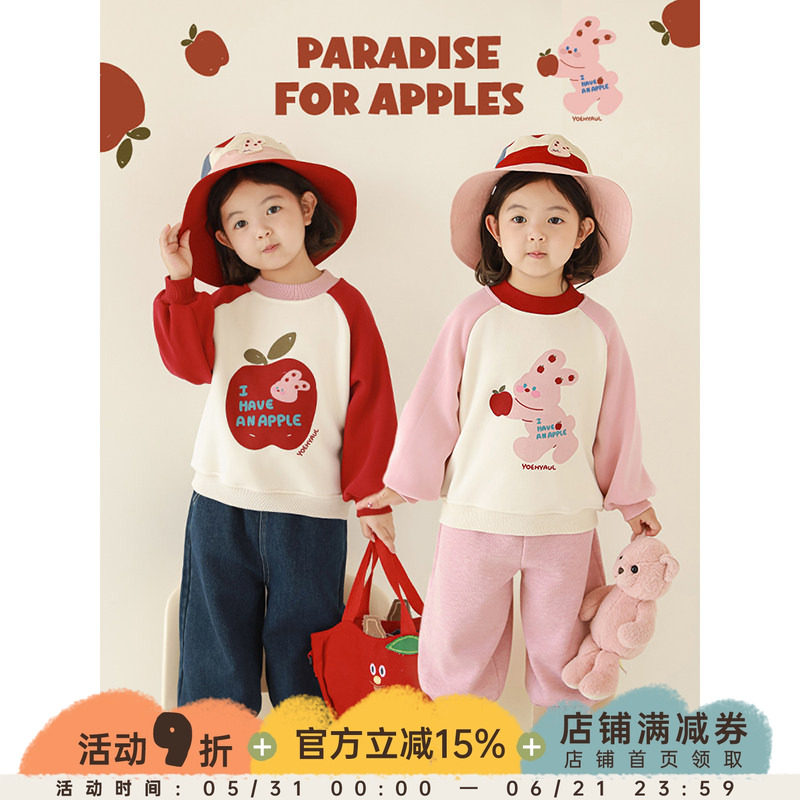 幼悠女童加绒加厚苹果兔子印花卫衣冬季童趣可爱拼色插肩袖上衣潮