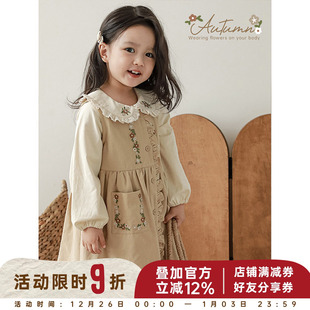 潮 衬衫 幼悠女童秋冬两件套儿童时尚 木耳边刺绣森系背心A字连身裙