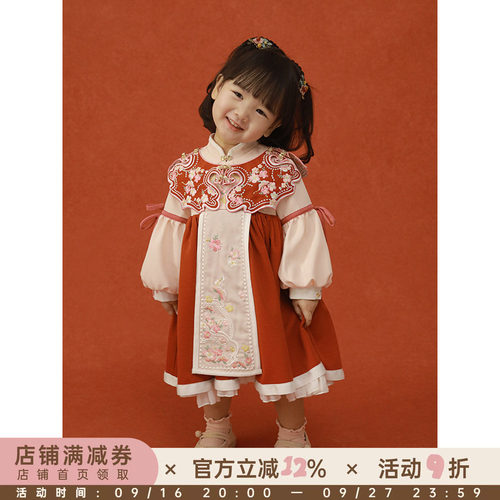 女童春秋立领泡泡袖时尚洋气裙子